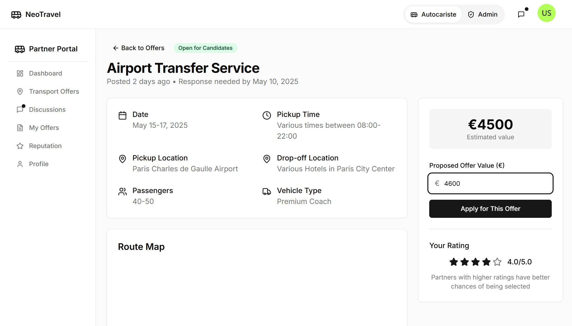 Open transport offers and application interface